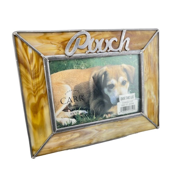 Vtg Carr Stained Glass Dog Picture Frame Pooch 3.5” X 5” Photo Brown White Gift - Picture 2 of 7